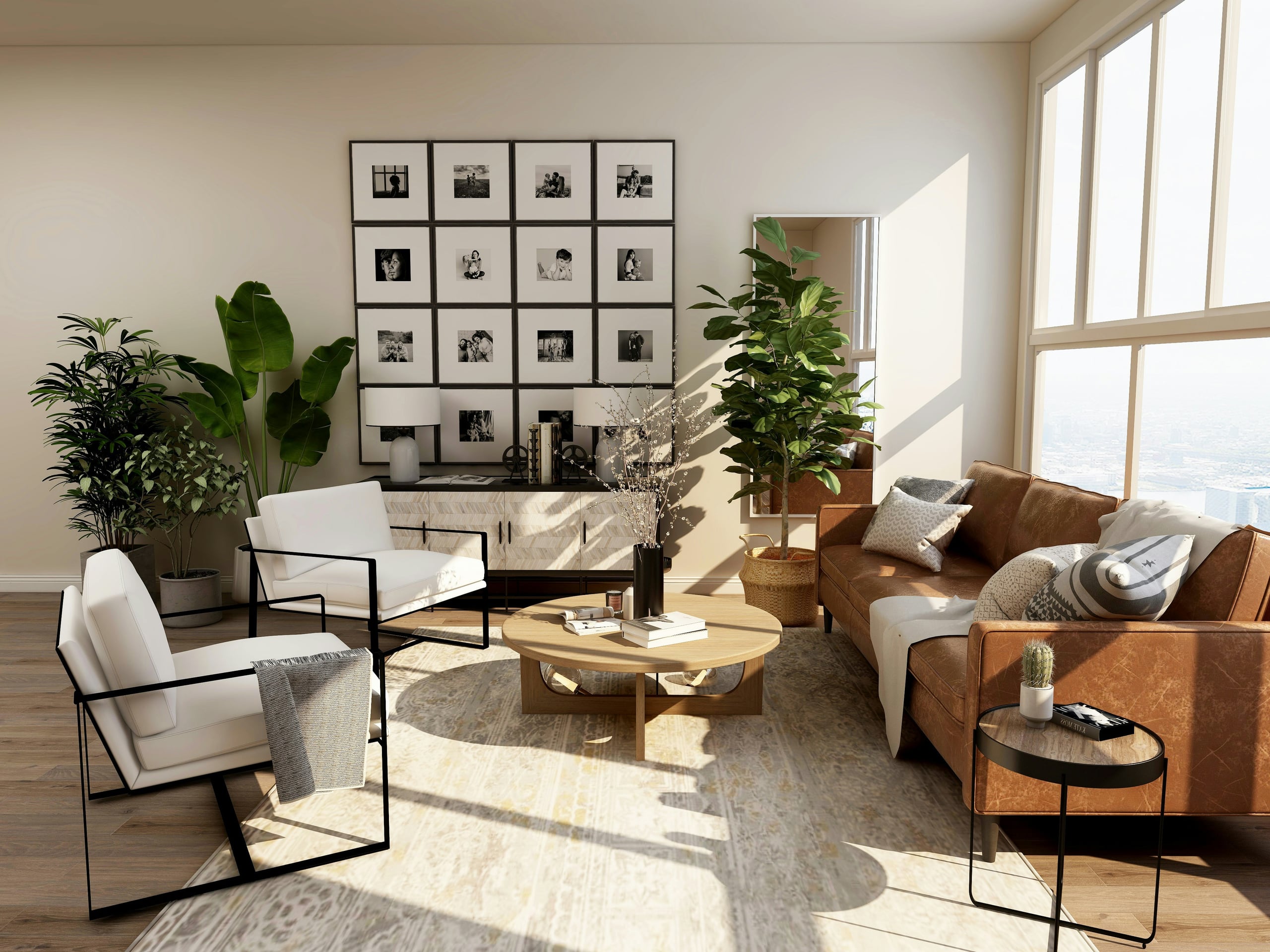 A sunlit, freshly cleaned open-plan living room